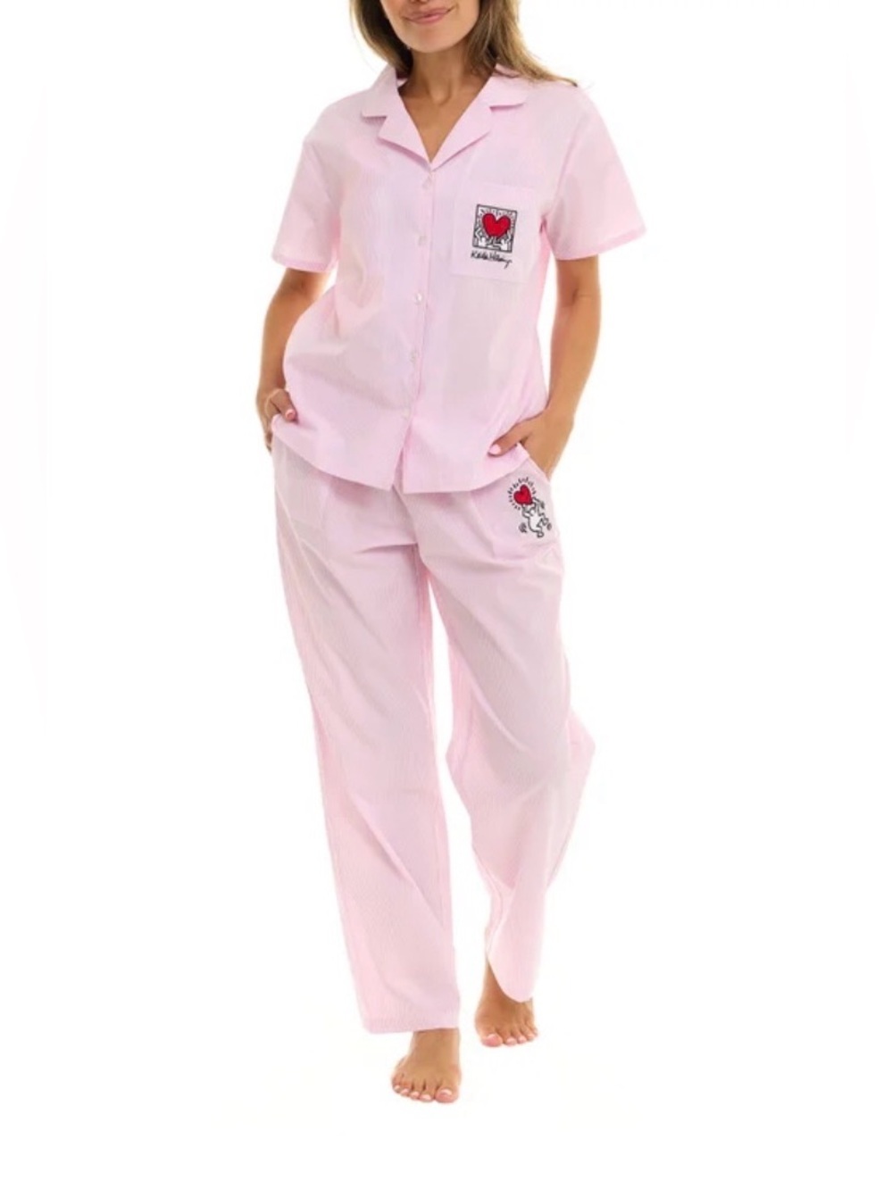 Women's Pink Short-Sleeve Cotton Pajama Set - Cute Heart Patch